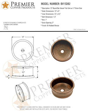 Premier Copper Products BV15DB215-Inch Round Bar Vessel Tub Sink in Oil Rubbed Bronze