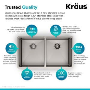 Kraus Standard PRO 33-inch 16 Gauge Undermount 50/50 Double Bowl Stainless Steel Kitchen Sink, KHU102-33