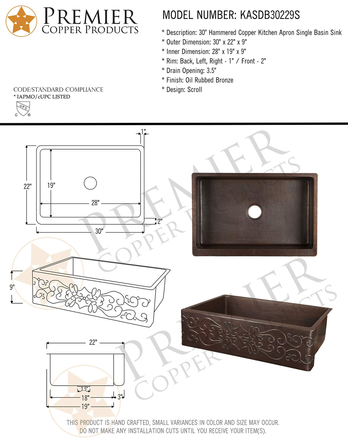 Premier Copper Products KASDB30229S 30-Inch Copper Hammered Kitchen Apron Single Basin Sink with Scroll Design, Oil Rubbed Bronze