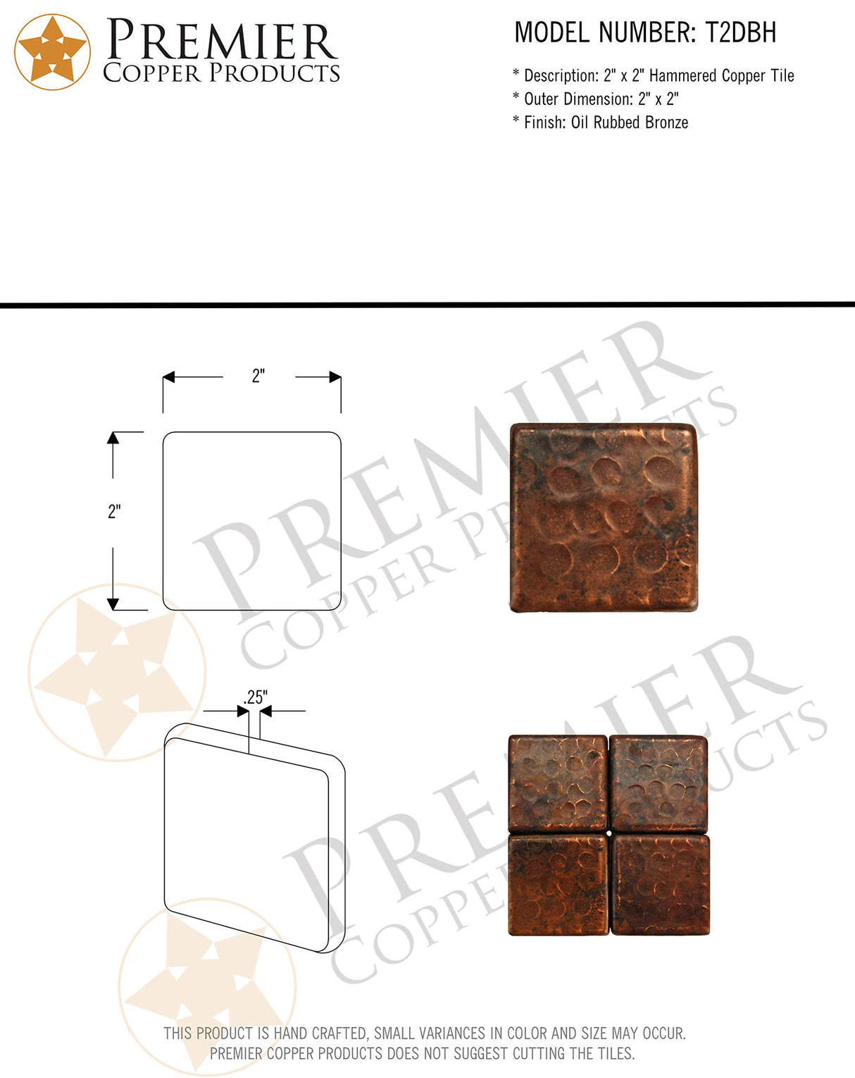 Premier Copper Products T2DBH 2-Inch by 2-Inch Hammered Copper Tile, Oil Rubbed Bronze
