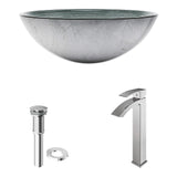 VIGO VGT836 16.5" L -16.5" W -12.0" H Handmade Glass Round Vessel Bathroom Sink Set in Simply Silver Finish with Chrome Single-Handle Single Hole Faucet and Pop Up Drain