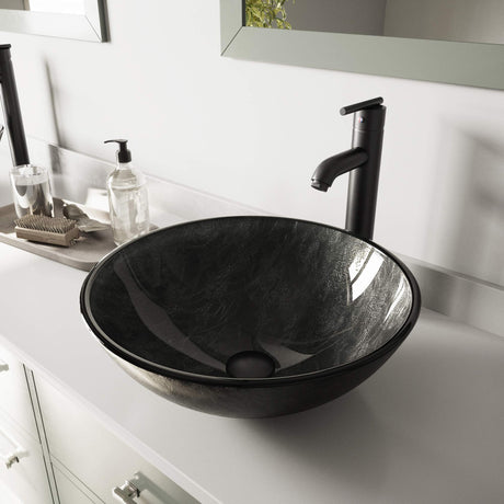 VIGO Gray Onyx Glass Vessel Bathroom Sink and Seville Vessel Faucet with Pop Up, Matte Black