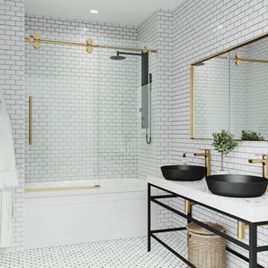 VIGO Adjustable 56-60 in. W x 66 in. H Elan Frameless Sliding Rectangle Tub Door with Clear Tempered Glass and Stainless Steel Hardware in Matte Gold Finish with Reversible Handle - VG6041MGCL6066