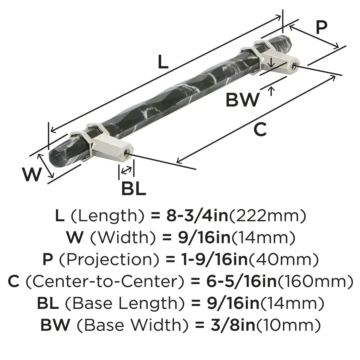 Amerock BP36650MBKPN Carrione Cabinet Pull, 6-5/16 in (160 mm) Center-to-Center, Marble Black/Polished Nickel