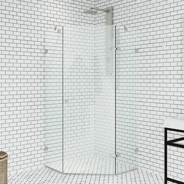 VIGO VG6061BNCL38 36.13" -36.13" W -73.38" H Frameless Hinged Neo-angle Shower Enclosure with Clear 0.38" Tempered Glass and Hardware in Brushed Nickel Finish with Reversible Handle