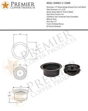 Premier Copper Products D-130ORB 3.5-Inch Deluxe Garbage Disposal Drain with Basket, Oil Rubbed Bronze