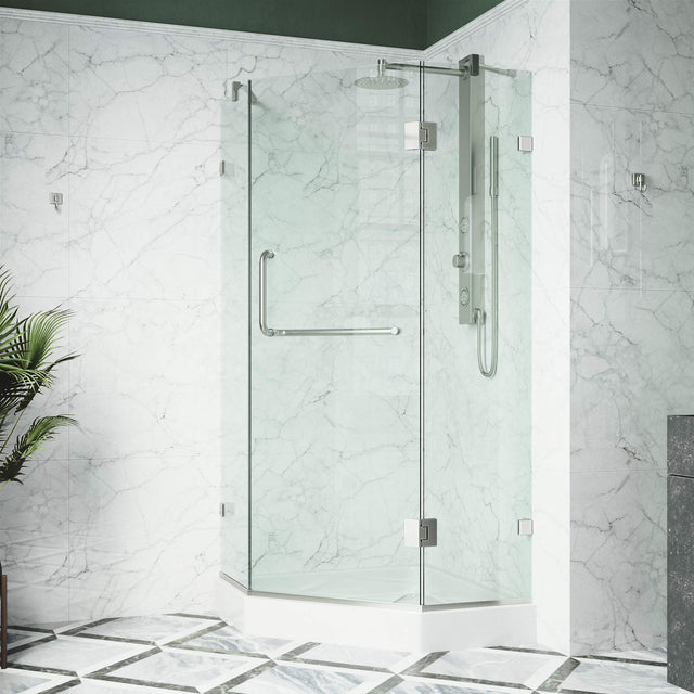 VIGO VG6062BNCL38W 38.13" -38.13"W -78.75"H Frameless Hinged Neo-angle Shower Enclosure with Clear 0.38" Tempered Glass Stainless Steel Hardware in Brushed Nickel Finish, Reversible Handle and Base