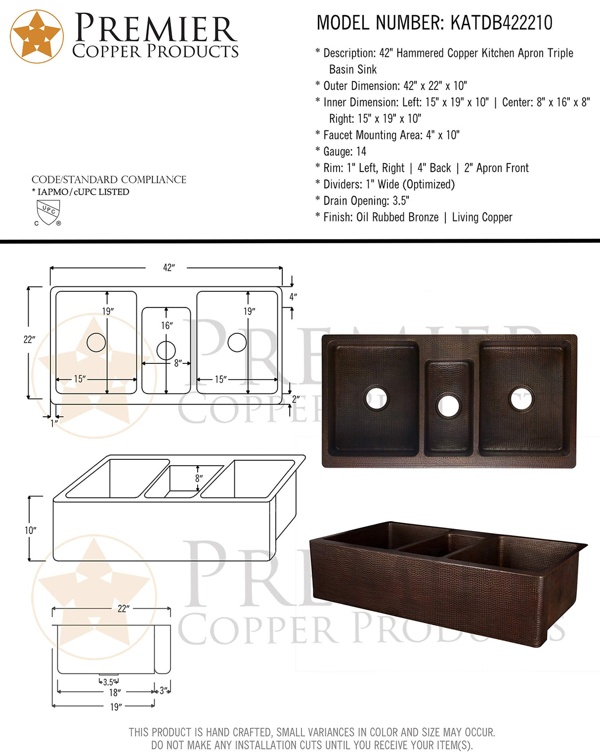 Premier Copper Products KATDB422210 42-Inch Triple Basin Split Hammered Copper Kitchen Apron Triple Basin Sink