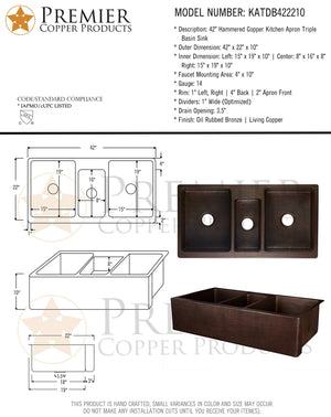 Premier Copper Products KATDB422210 42-Inch Triple Basin Split Hammered Copper Kitchen Apron Triple Basin Sink