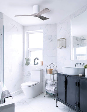 Matthews Fan IR3H-WH-BW-60 Irene-3H three-blade flush mount paddle fan in Gloss White finish with 60” solid barn wood tone blades. 