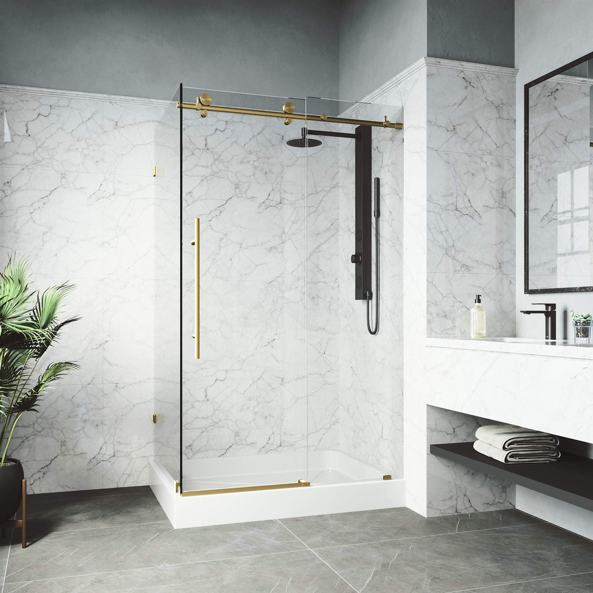 VIGO 48"W x 82"H Elan E-Class Frameless Sliding Rectangle Shower Enclosure with Clear Tempered Glass, Left Door Handle and Stainless Steel Hardware in Matte Brushed Gold and Right Base -VG6053MGCL48WR