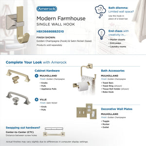 Amerock HBX36686BBZG10 Burbank Single Prong Decorative Wall Hook Golden Champagne/Satin Nickel Hook for Coats, Hats, Backpacks, Bags Hooks for Bathroom, Bedroom, Closet, Entryway, Laundry Room