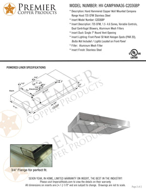 Premier Copper Products HV-CAMPANA36-C2036BP Campana 36-Inch 735 CFM Wall Mount Range Hood