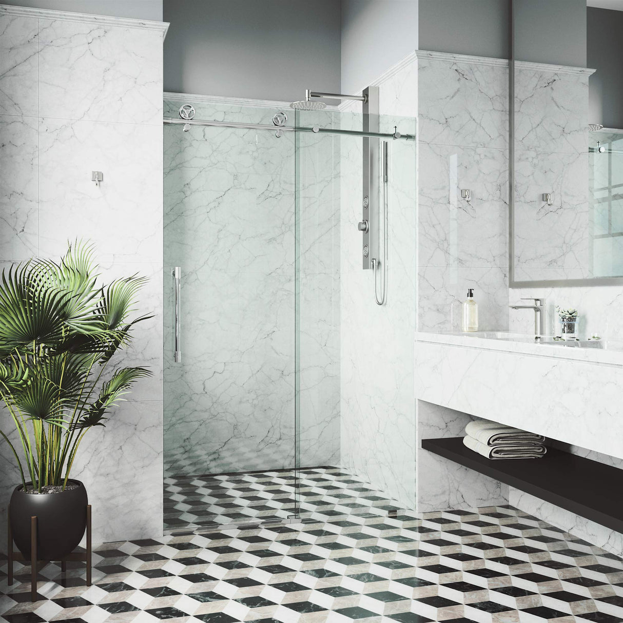 VIGO Adjustable 68-72 in. W x 76 in. H Elan Cass Frameless Glass Shower Door with Aerodynamic Shower Glass Door Chrome Shower Kit Complete and Door Glass Sliding Door - VG6044CHCL7276
