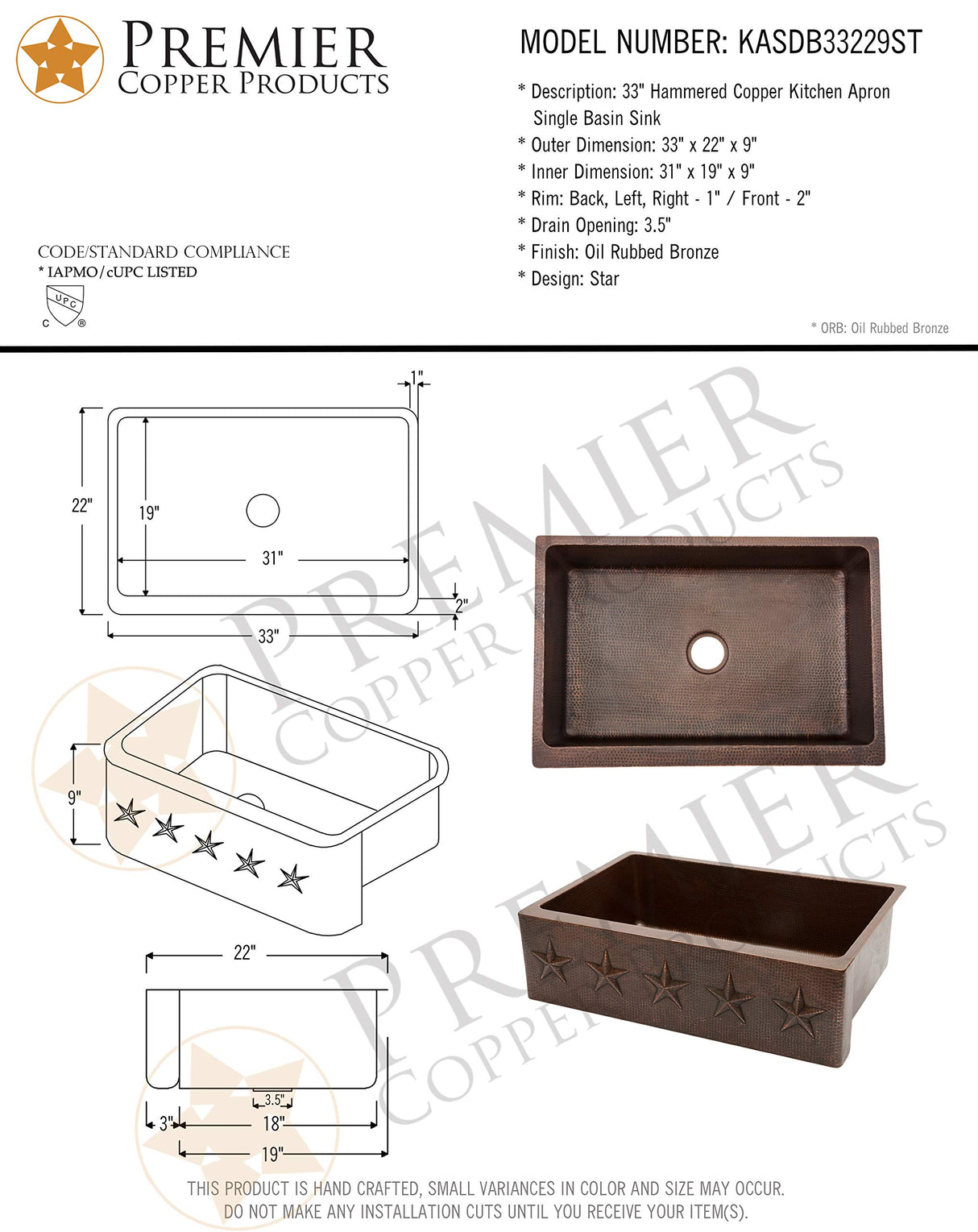 Premier Copper Products KASDB33229ST 33-Inch Hammered Copper Kitchen Apron Single Basin Sink with Star Design, Oil Rubbed Bronze