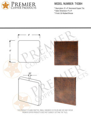 Premier Copper Products T4DBH 4-Inch by 4-Inch Hammered Copper Tile, Oil Rubbed Bronze