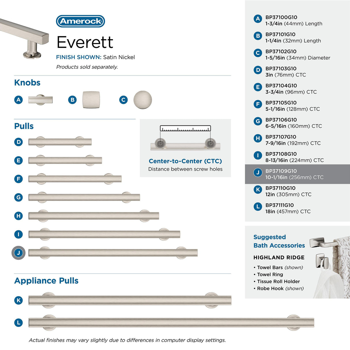 Amerock Corp BP37109G10 Everett Cabinet Pull, 10-1/16 in (256 mm) Center-to-Center, Satin Nickel