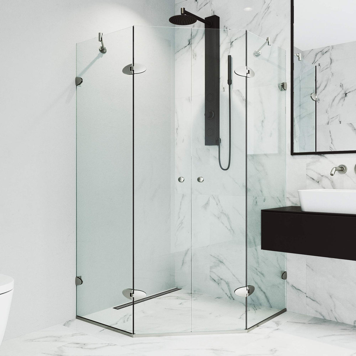 VIGO VG6063BNCL47 45.63" -45.63" W -73.38" H Frameless Hinged Neo-angle Shower Enclosure with Clear 0.38" Tempered Glass and Stainless Steel Hardware in Brushed Nickel Finish with Reversible Handle