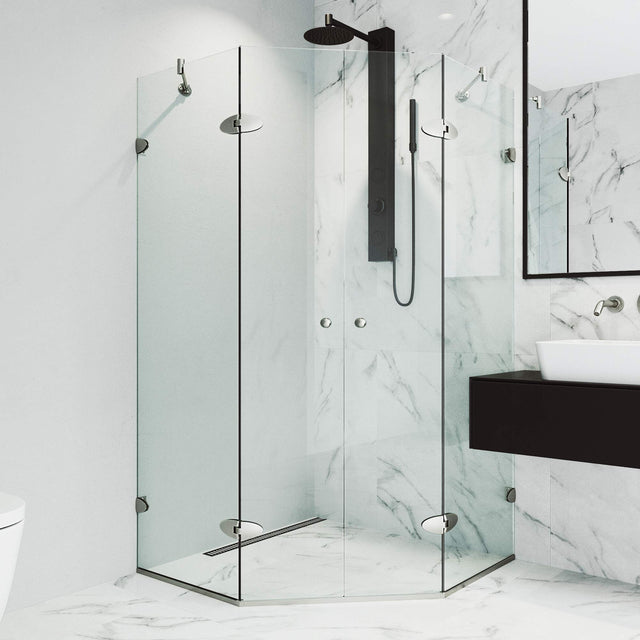 VIGO VG6063BNCL47 45.63" -45.63" W -73.38" H Frameless Hinged Neo-angle Shower Enclosure with Clear 0.38" Tempered Glass and Stainless Steel Hardware in Brushed Nickel Finish with Reversible Handle