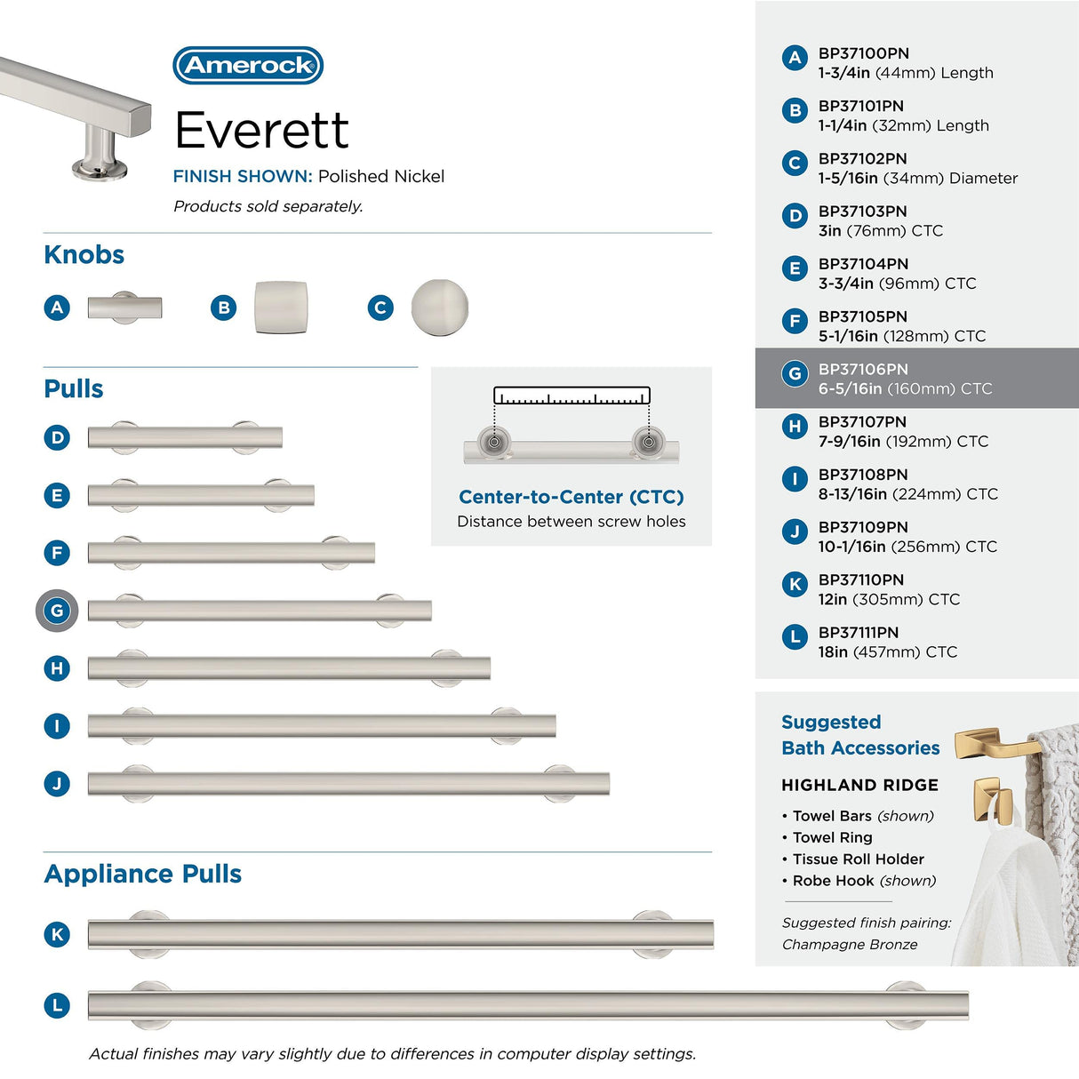 Amerock Corp BP37106PN Everett Pull, 6-5/16 in (160 mm) Center-to-Center, Polished Nickel