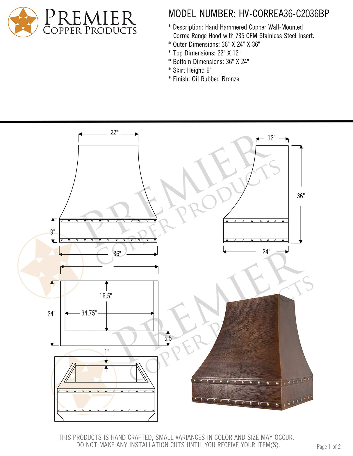 Premier Copper Products HV-CORREA36-C2036BP 735 CFM Hand Hammered Copper Wall Mounted Correa Range Hood - Screen Filters