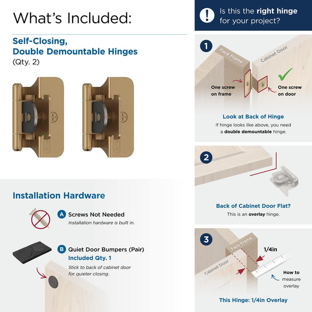 Amerock BPR8701CZ Cabinet Hinge 1/4 in (6 mm) Overlay Double Demountable Champagne Bronze Kitchen Cabinet Door Hinge 1 Pair/2 Pack Functional Hardware