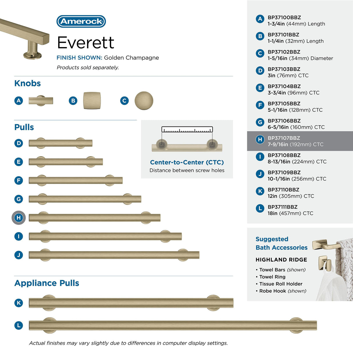 Amerock BP37107BBZ Everett 7-9/16 in (192 mm) Center-to-Center Golden Champagne Cabinet Pull Kitchen Cabinet Hardware Furniture Hardware Bathroom Drawer Handle