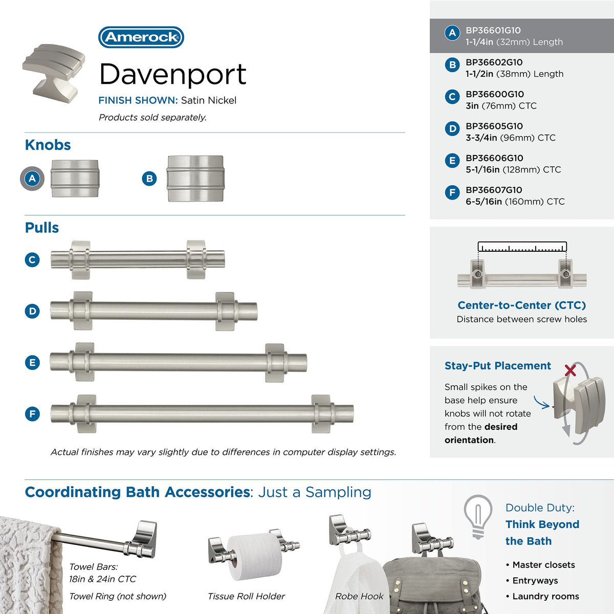 Amerock Cabinet Knob Satin Nickel 1-1/4 inch (32 mm) Length Davenport 1 Pack Drawer Knob Cabinet Hardware