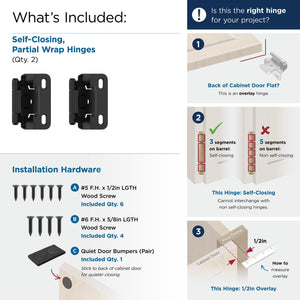 Amerock Cabinet Hinge 1/2 inch (13 mm) Overlay Hinge Matte Black 2 Pack Self-Closing Hinge Partial Wrap Hinge Cabinet Door Hinge