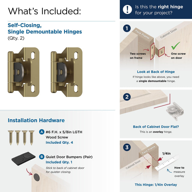 Amerock BPR8715BBZ Cabinet Hinge 1/4 in (6 mm) Overlay Single Demountable Partial Wrap Golden Champagne Kitchen Cabinet Door Hinge 1 Pair/2 Pack Functional Hardware