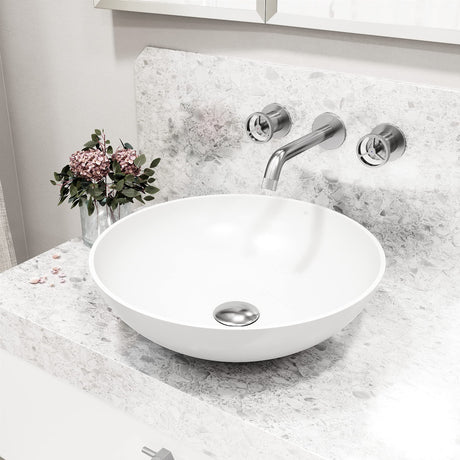 VIGO VGT2067 16.0" L -16.0" W -5.0" H Matte Stone Lotus Composite Round Vessel Bathroom Sink in White with Wall-Mount Faucet and Drain in Brushed Nickel