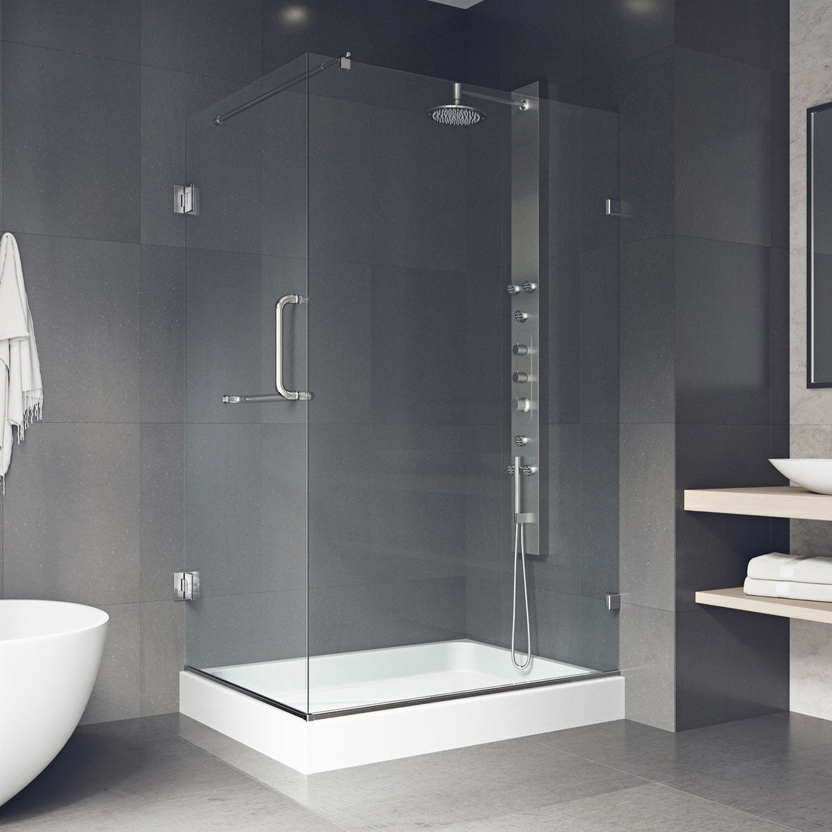 VIGO VG6012CHCL36WR 48.13" -36.13" W -78.75" H Frameless Hinged Rectangle Shower Enclosure with Clear 0.38" Tempered Glass and Stainless Steel Hardware in Chrome Finish and Base