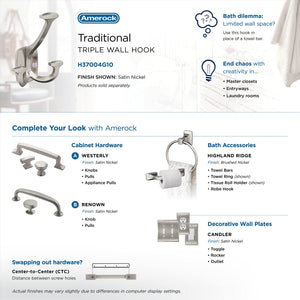 Amerock H37004G10 Vicinity Triple Prong Decorative Wall Hook Satin Nickel Hook for Coats, Hats, Backpacks, Bags Hooks for Bathroom, Bedroom, Closet, Entryway, Laundry Room, Office