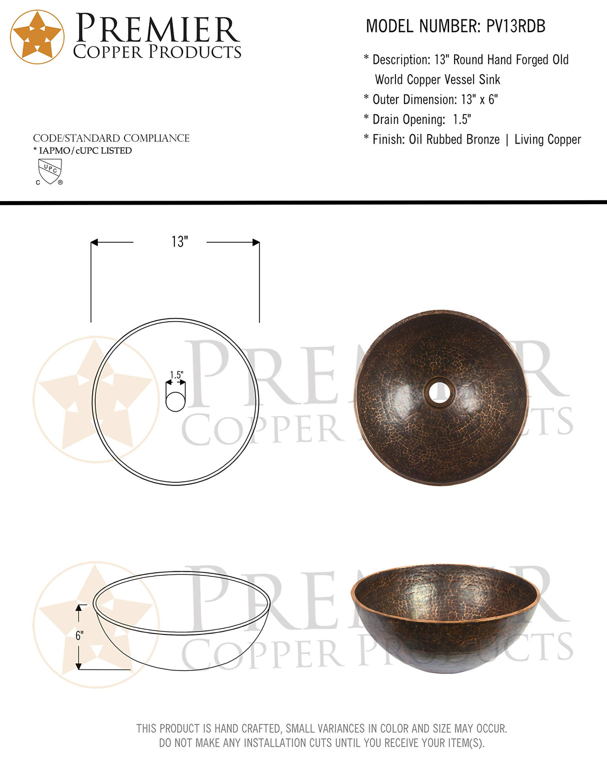 Premier Copper Products PV13RDB 13-Inch Round Hand Forged Old World Copper Vessel Sink