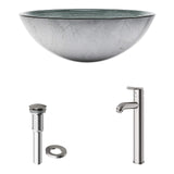 VIGO VGT838 16.5" L -16.5" W -13.0" H Handmade Glass Round Vessel Bathroom Sink Set in Simply Silver Finish with Brushed Nickel Single-Handle Single Hole Faucet and Pop Up Drain