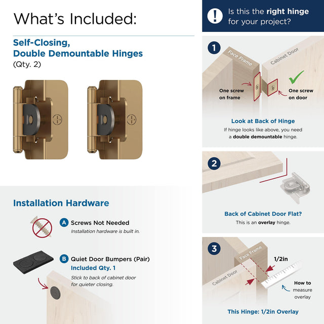 Amerock BPR8704CZ Cabinet Hinge 1/2 in (13 mm) Overlay Double Demountable Champagne Bronze Kitchen Cabinet Door Hinge 1 Pair/2 Pack Functional Hardware