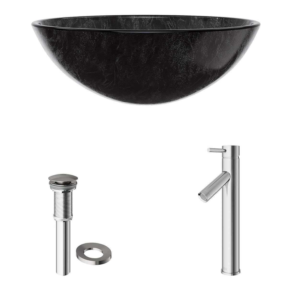 VIGO Gray Onyx Glass Vessel Bathroom Sink Set With Dior Vessel Faucet In Brushed Nickel