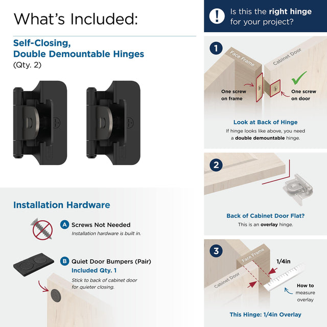 Amerock BPR8701FB Cabinet Hinge 1/4 in (6 mm) Overlay Double Demountable Matte Black Kitchen Cabinet Door Hinge 1 Pair/2 Pack Functional Hardware