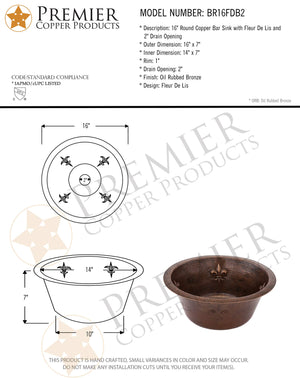 Premier Copper Products BR16FDB2 16-Inch Universal Round Copper with Fleur De Lis Bar Sink and 2-Inch Drain Size, Oil Rubbed Bronze