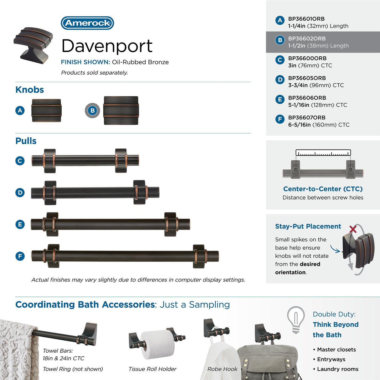 Amerock Cabinet Knob Oil Rubbed Bronze 1-1/2 inch (38 mm) Length Davenport 1 Pack Drawer Knob Cabinet Hardware