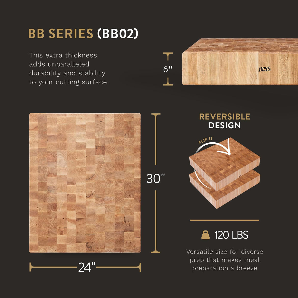 John Boos BB02 Large Maple Wood Cutting Board for Kitchen 30 x 24 Inches, 6 Inches Thick Non-Reversible Charcuterie End Grain Block with Oil Finish 30X24X6 MPL-END GR-REV-CHOP BLOCK