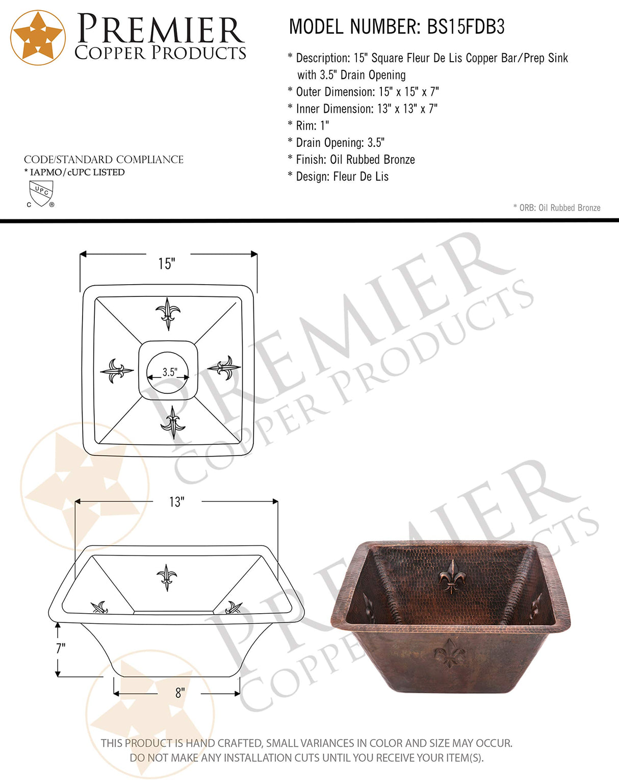 Premier Copper Products BS15FDB3 15-Inch Universal Square Fleur De Lis Hammered Copper Sink with 3.5-Inch Drain Size, Oil Rubbed Bronze