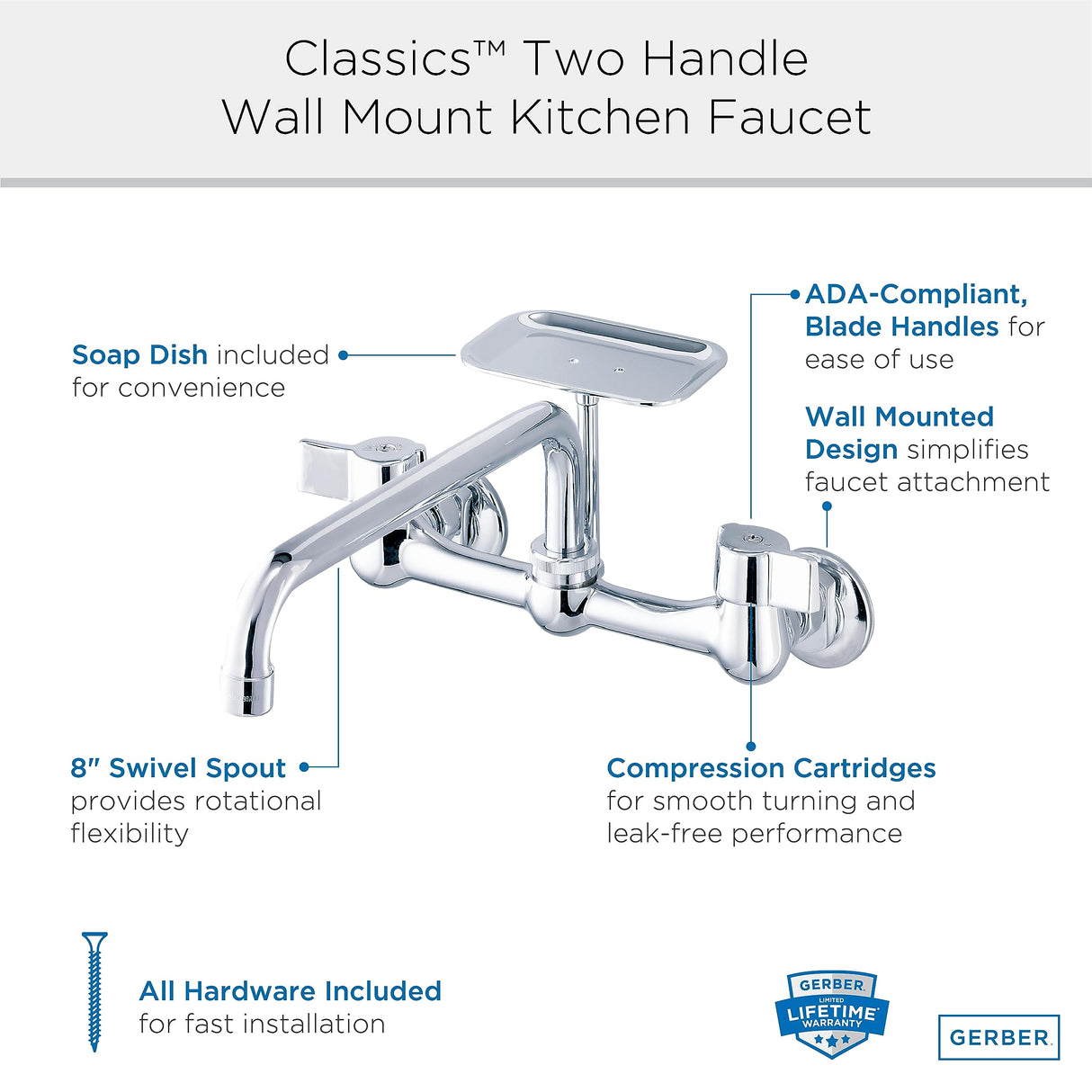 Gerber G0042691 Chrome Classics Two Handle Wall Mount Kitchen Faucet W/ 8" S...
