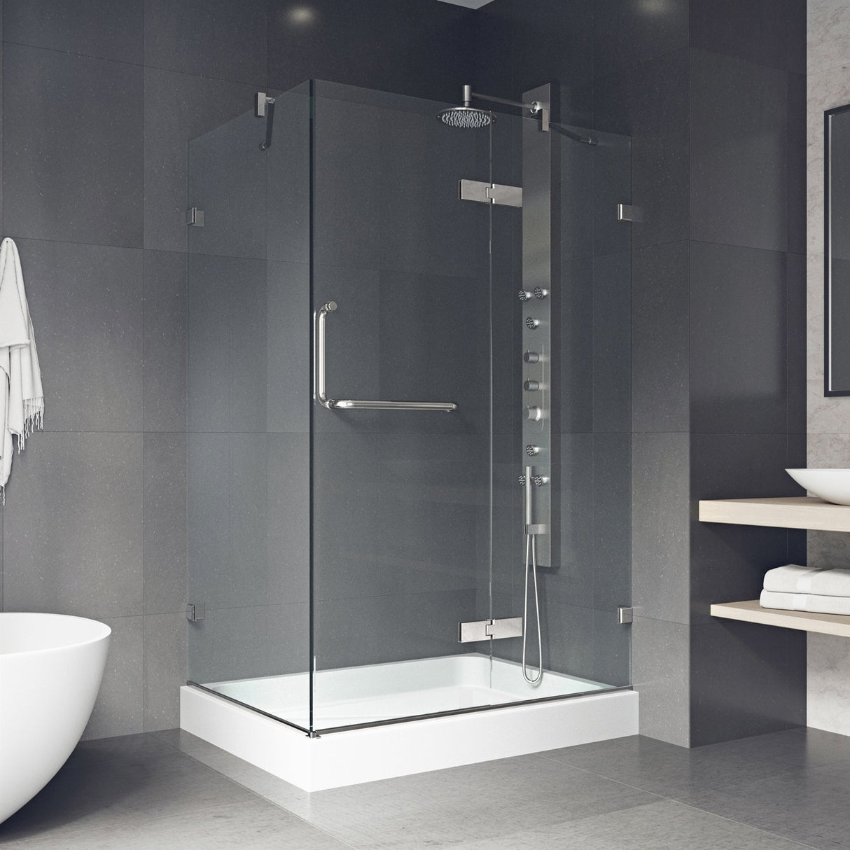 VIGO 32 in. x 40 in. x 79 in. Monteray Frameless Hinged Rectangle Shower Enclosure with Clear 0.38" Tempered Glass and Hardware in Chrome Finish with Left Handle and Base - VG6011CHCL40WR