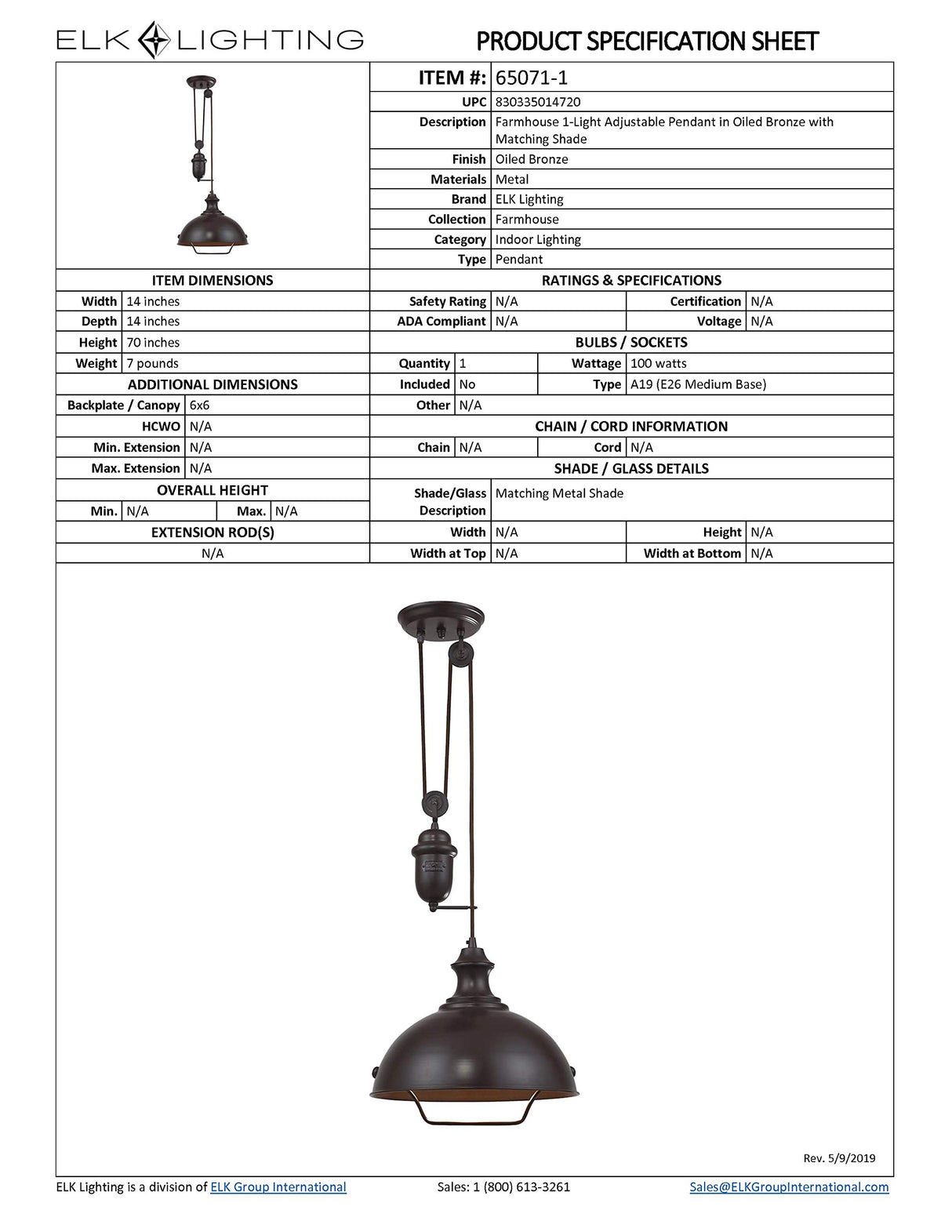 Elk Home Farmhouse 1-Light Pendant - in Oiled Bronze Finish, with Oiled Bronze Metal Shade, Transitional Style