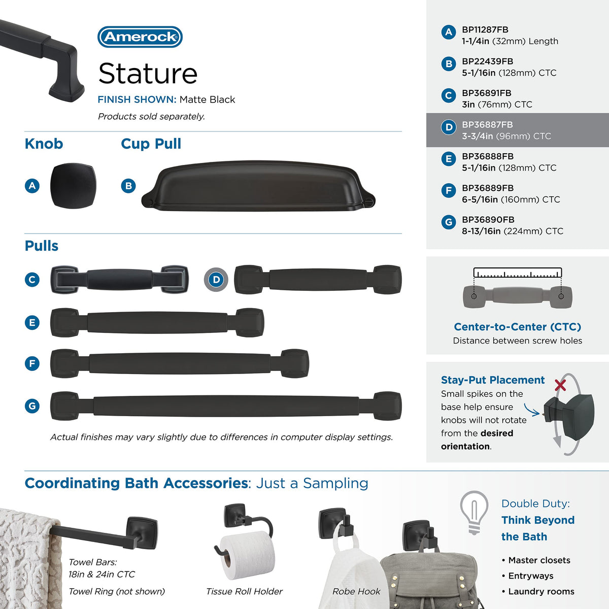 Amerock Cabinet Pull Matte Black 3-3/4 inch (96 mm) Center-to-Center Stature 1 Pack Drawer Pull Cabinet Handle Cabinet Hardware