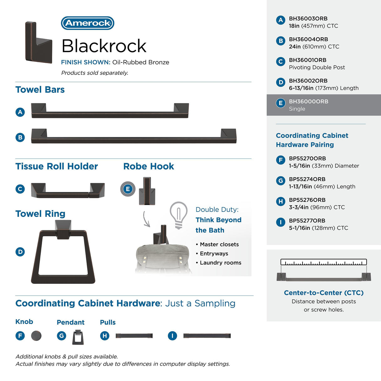 Amerock BH36000ORB Oil Rubbed Bronze Single Robe Hook 3-9/16 in. (90 mm) Length Towel Holder Blackrock Towel Hook for Bathroom Bathroom Hardware Bath Accessories