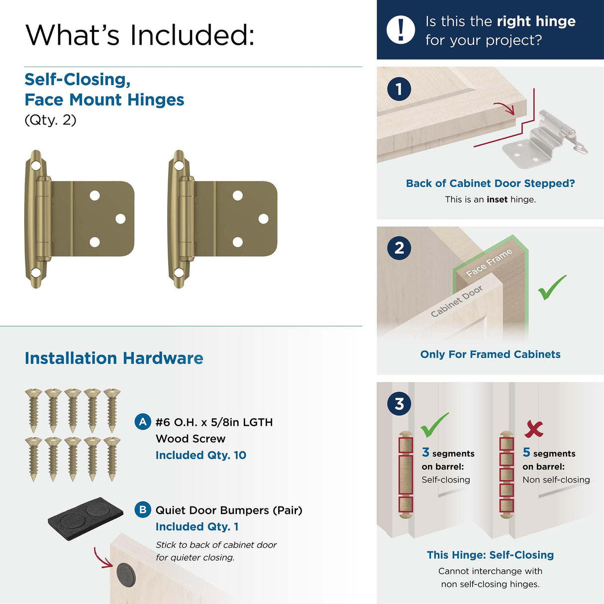 Amerock BPR3428BBZ Cabinet Hinge 3/8 in (10 mm) Inset Self Closing Face Mount Golden Champagne Kitchen Cabinet Door Hinge 1 Pair/2 Pack Functional Hardware