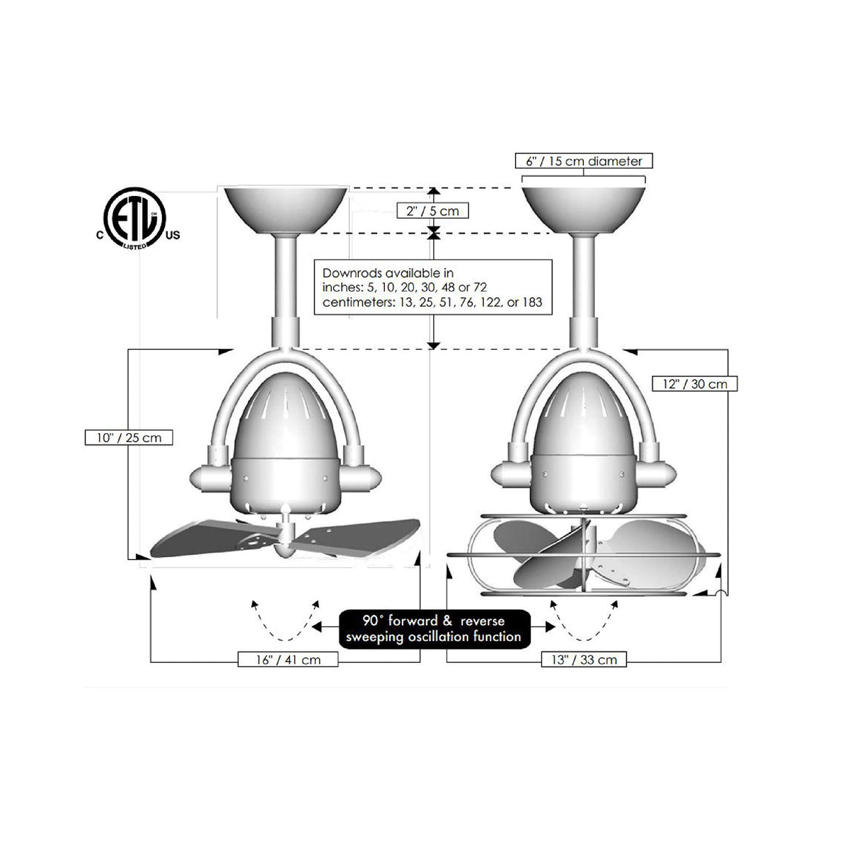 Matthews Fan DI-CR-WDBW Diane oscillating ceiling fan in Polished Chrome finish with solid barn wood blades.