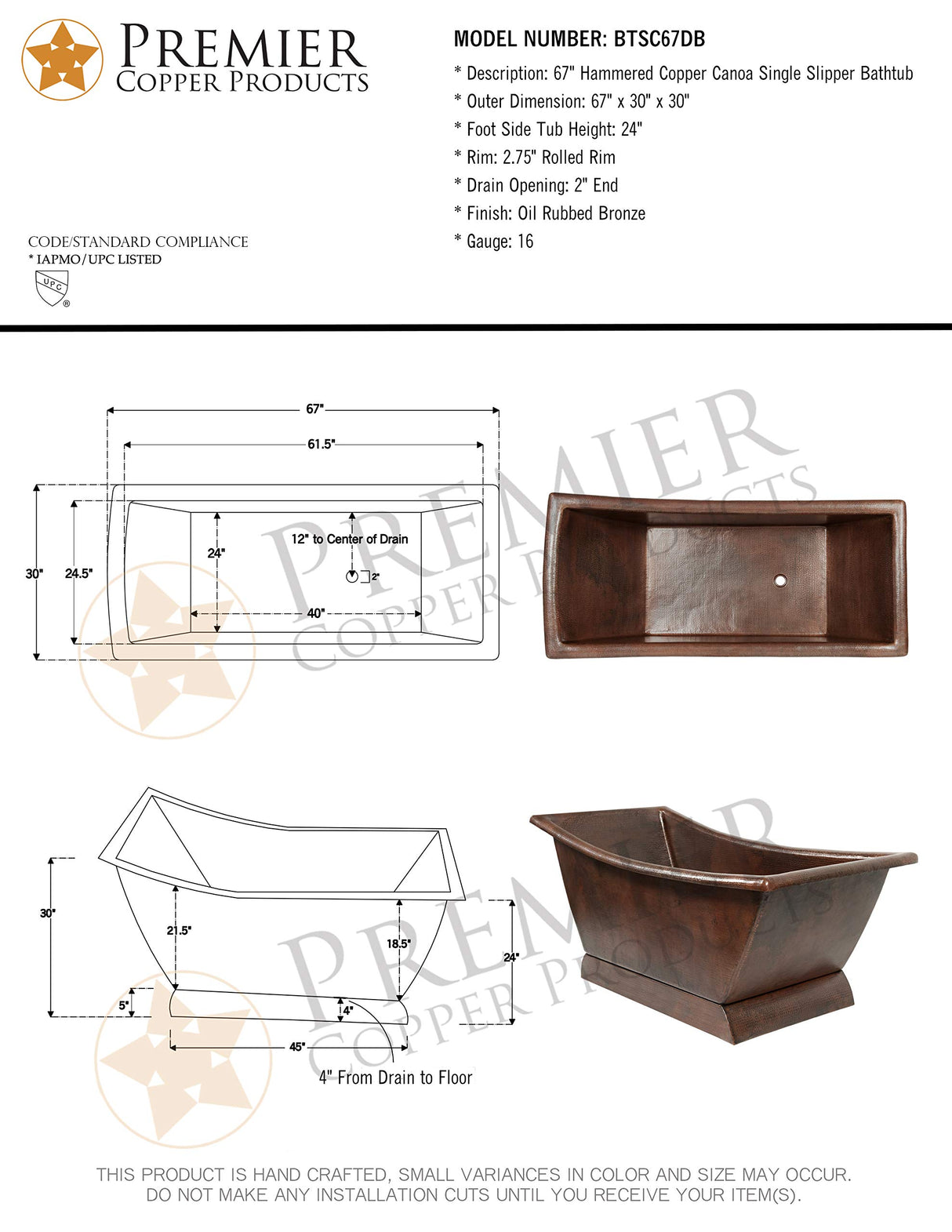 Premier Copper Products BTSC67DB 67-inch Hammered Copper Canoa Single Slipper Bathtub - Oil Rubbed Bronze…